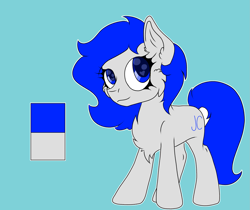 Size: 2107x1772 | Tagged: safe, artist:bryonythewolf, oc, oc only, oc:jc, earth pony, blue background, cheek fluff, chest fluff, color palette, concave belly, ear fluff, earth pony oc, eyelashes, reference sheet, simple background, solo, three quarter view