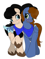 Size: 3000x4000 | Tagged: safe, artist:miniferu, oc, oc only, oc:chug-a-lug, oc:pat thundersnow, oc:patty thundersnow, earth pony, pegasus, pony, 2024 community collab, derpibooru community collaboration, blushing, bowler hat, cloven hooves, colored wings, colored wingtips, duo, duo male and female, earth pony oc, female, hat, hug, male, pegasus oc, simple background, transparent background, winghug, wings