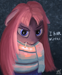 Size: 1088x1313 | Tagged: safe, artist:tazool, pinkie pie, earth pony, pony, g4, angry, bust, cigarette, clothes, female, glare, jacket, looking at you, mare, pinkamena diane pie, scarf, scowl, smoking, snow, snowfall, solo, text, winter