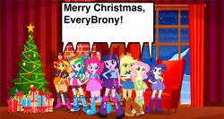 Size: 4480x2382 | Tagged: safe, artist:mrtoonlover83, applejack, fluttershy, pinkie pie, rainbow dash, rarity, sunset shimmer, twilight sparkle, human, equestria girls, g4, christmas, christmas lights, christmas tree, female, holiday, merry christmas, present, tree