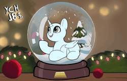 Size: 1151x739 | Tagged: safe, artist:joaothejohn, oc, oc only, pony, animated, candy, candy cane, christmas, christmas lights, christmas tree, commission, cute, food, gif, holiday, looking up, lying down, raised hoof, smiling, snow, snow globe, solo, tree, your character here