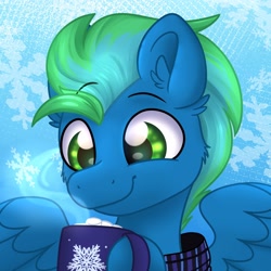 Size: 3000x3000 | Tagged: safe, artist:lbrcloud, oc, oc only, pegasus, pony, abstract background, bust, chocolate, drink, floppy ears, food, high res, hot chocolate, icon, male, marshmallow, mug, smiling, snow, snowfall, solo, spread wings, stallion, wings