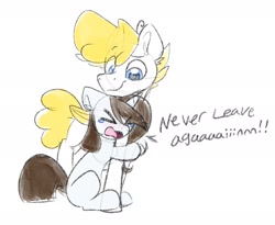 Size: 2095x1719 | Tagged: safe, artist:lbrcloud, oc, oc only, oc:brittneigh ackermane, oc:john kenza, pegasus, pony, crying, duo, duo male and female, female, hug, leg hug, male, mare, oc x oc, shipping, simple background, sketch, stallion, straight, white background