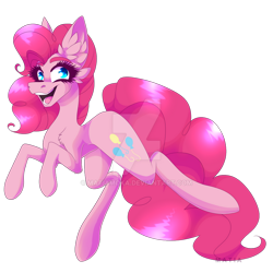 Size: 828x828 | Tagged: safe, artist:matiamoka, pinkie pie, earth pony, pony, g4, big ears, deviantart watermark, ear fluff, eyebrows, eyelashes, female, happy, leg fluff, long legs, long tail, mare, obtrusive watermark, open mouth, simple background, solo, tail, teeth, thighs, transparent background, watermark
