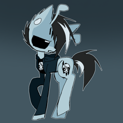 Size: 1280x1280 | Tagged: safe, artist:burnedmuffinz, oc, oc only, oc:al1en, alien, alien pony, pony, clothes, ear piercing, gradient background, hoodie, lip piercing, piercing, recess (skrillex), shirt, short hair, short tail, skrillex, snake bites, solo, tail