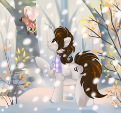 Size: 3000x2800 | Tagged: safe, artist:xvostik, oc, oc only, oc:phaidon, pony, squirrel, unicorn, clothes, commission, commissioner:lahirien, high res, horn, male, scarf, snow, snowfall, solo, stallion, striped scarf, tree, unicorn oc, ych result
