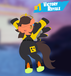 Size: 1837x1973 | Tagged: safe, artist:epsipeppower, oc, oc only, oc:robertapuddin, bipedal, cheering, d'ark, fortnite, happy, solo, victory royale