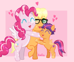 Size: 1312x1104 | Tagged: safe, artist:kurisumuffins, applejack, pinkie pie, scootaloo (g3), pegasus, pony, g3, g4, adopted offspring, alternate design, alternate universe, cute, family, female, heart, hug, lesbian, moms and daughter, moms and kid, parent:applejack, parent:pinkie pie, parents:applepie, pink background, ship:applepie, shipping