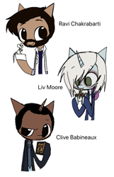 Size: 825x1280 | Tagged: safe, artist:burnedmuffinz, earth pony, pony, rat, undead, unicorn, zombie, zombie pony, beard, bowl, brain noodles, clive babineaux, clothes, eating, eyebrows, eyebrows visible through hair, facial hair, gloves, half body, hoodie, izombie, lab coat, liv moore, necktie, police, police officer, ponified, raised eyebrow, ravi chakrabarti, shirt, simple background, text, white background