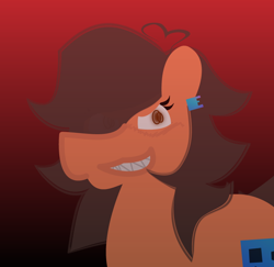 Size: 748x726 | Tagged: safe, artist:epsipeppower, oc, oc only, oc:robertapuddin, bust, evil, evil smile, evilberta, gradient background, grin, insanity, messy mane, portrait, smiling, solo