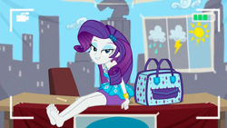 Size: 1280x720 | Tagged: safe, artist:paco777yuyu, rarity, human, best trends forever, equestria girls, g4, my little pony equestria girls: better together, bag, barefoot, feet, female, rarity peplum dress, solo