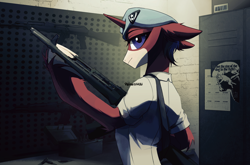 Size: 3760x2487 | Tagged: safe, artist:teturirusu, oc, oc only, oc:cg, pony, unicorn, ak-47, assault rifle, clothes, commission, complex background, concave belly, fit, gun, halfbody, hat, high res, holding a gun, lighting, looking at you, male, red skin, rifle, shading, shirt, slender, solo, stallion, thin, violet eyes, weapon, ych result