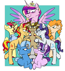 Size: 1100x1200 | Tagged: safe, artist:fuckomcfuck, pear butter, princess cadance, rarity, starlight glimmer, sunset shimmer, torque wrench, trixie, oc, oc:doodles, alicorn, earth pony, pegasus, pony, unicorn, g4, blushing, canon x oc, crown, female, harem, jewelry, lesbian, polyamory, redraw, regalia, shipping, throne