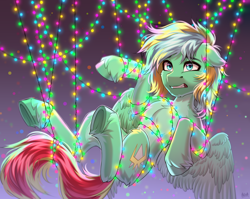 Size: 3018x2400 | Tagged: safe, artist:hakaina, oc, oc only, oc:typh, oc:typhoon, pegasus, pony, accidental bondage, adorable distress, bondage, cheek fluff, chest fluff, chin fluff, christmas, christmas lights, colored, colored wings, commission, commissioner:princess, concave belly, countershading, cute, depth of field, ear fluff, eyebrows, eyebrows visible through hair, floppy ears, fluffy, gradient background, gritted teeth, high res, holiday, hoof fluff, leg fluff, lighting, male, pale belly, partially open wings, pegasus oc, red tail, shading, signature, slender, solo, stallion, string lights, suspended, suspension bondage, tail, teeth, thin, tied up, two toned wings, underhoof, unshorn fetlocks, wall of tags, wings, worried, ych result