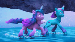 Size: 1452x818 | Tagged: safe, screencap, comet (g5), izzy moonbow, auroricorn, pony, unicorn, g5, my little pony: make your mark, my little pony: make your mark chapter 6, secrets of starlight, spoiler:g5, spoiler:my little pony: make your mark, spoiler:my little pony: make your mark chapter 6, spoiler:mymc06e04, animated, crystal horn, duo, eyeshadow, female, frozen, gif, glitter, hoof polish, horn, ice skates, ice skating, jewelry, lake, makeup, male, mare, necklace, skates, skating, slipping, sparkles, sparkly mane, sparkly tail, stallion, tail, water