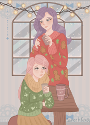Size: 3736x5174 | Tagged: safe, artist:sanechkaa, fluttershy, rarity, human, g4, blushing, christmas, christmas lights, christmas sweater, clothes, duo, female, holiday, humanized, lesbian, looking at each other, looking at someone, mug, ship:flarity, shipping, skirt, snow, sweater, table, window