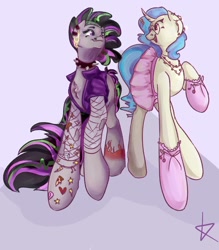 Size: 944x1080 | Tagged: safe, artist:klavier44, dj pon-3, octavia melody, vinyl scratch, earth pony, pony, unicorn, g4, alternate hairstyle, chest fluff, choker, clothes, duo, ear piercing, earring, eyebrow piercing, female, fishnet clothing, glasses, gloves, jacket, jewelry, leather, leather jacket, lesbian, looking at each other, looking at someone, mare, necklace, nose piercing, open mouth, personality swap, piercing, raised hoof, rocktavia, role reversal, ship:scratchtavia, shipping, skirt, spiked choker, tattoo, vinyl class