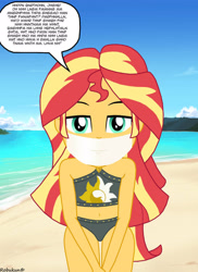 Size: 2550x3510 | Tagged: safe, artist:robukun, sunset shimmer, equestria girls, g4, beach, beach shorts swimsuit, belly button, bikini, clothes, gag, high res, microfoam tape gag, muffled words, solo, sunset shimmer's beach shorts swimsuit, swimsuit, tape, tape gag