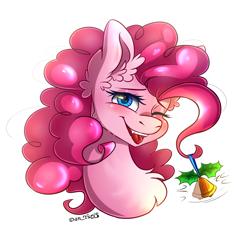 Size: 2232x2254 | Tagged: safe, artist:yuris, pinkie pie, earth pony, pony, a hearth's warming tail, g4, bell, blushing, ears up, hearth's warming, hearth's warming eve, high res, looking at you, open mouth, redraw, scene interpretation, simple background, smiling, solo, white background