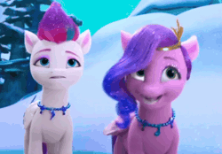 Size: 838x582 | Tagged: safe, screencap, pipp petals, zipp storm, pegasus, pony, g5, my little pony: make your mark, my little pony: make your mark chapter 6, secrets of starlight, spoiler:g5, spoiler:my little pony: make your mark, spoiler:my little pony: make your mark chapter 6, spoiler:mymc06e04, adorapipp, amazed, animated, cute, duo, duo female, eyeshadow, female, gif, happy, jewelry, makeup, mare, necklace, royal sisters (g5), siblings, sisters, snow, sparkly mane, sparkly tail, spread wings, tail, tree, wings