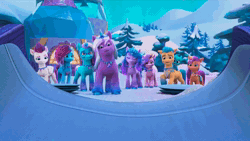 Size: 1920x1080 | Tagged: safe, screencap, comet (g5), hitch trailblazer, izzy moonbow, misty brightdawn, pipp petals, sparky sparkeroni, sunny starscout, violet frost, zipp storm, auroricorn, dragon, earth pony, pegasus, pony, unicorn, g5, my little pony: make your mark, my little pony: make your mark chapter 6, secrets of starlight, spoiler:g5, spoiler:my little pony: make your mark, spoiler:my little pony: make your mark chapter 6, spoiler:mymc06e04, animated, cheering, dish, excited, eyeshadow, female, hoof polish, jewelry, makeup, male, mane five, mane six (g5), mare, necklace, ramp, river, screaming, slide, sliding, snow, sound, sparkly hooves, sparkly mane, sparkly tail, stallion, tail, water, webm, winter