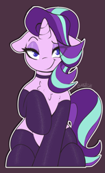 Size: 671x1097 | Tagged: safe, artist:llametsul, starlight glimmer, pony, unicorn, g4, bedroom eyes, chest fluff, choker, clothes, eye clipping through hair, eyeshadow, female, floppy ears, looking at you, makeup, mare, purple background, raised hoof, simple background, smiling, smiling at you, smug, socks, solo, stockings, thigh highs