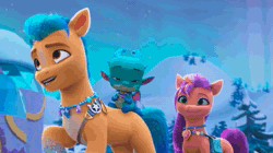 Size: 1920x1078 | Tagged: safe, screencap, comet (g5), hitch trailblazer, sparky sparkeroni, sunny starscout, violet frost, auroricorn, dragon, earth pony, pony, g5, my little pony: make your mark, my little pony: make your mark chapter 6, secrets of starlight, spoiler:g5, spoiler:my little pony: make your mark, spoiler:my little pony: make your mark chapter 6, spoiler:mymc06e04, animated, cheering, crystal, crystal horn, dish, excited, eyeshadow, female, hoof polish, horn, jewelry, makeup, male, mare, necklace, slide, sliding ponies, snow, sound, sparkles, sparkly mane, sparkly tail, stallion, tail, tree, webm, winter