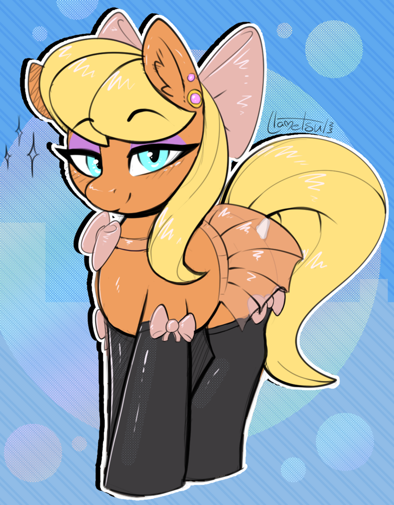 [bedroom eyes,bow,clothes,earth pony,g4,looking at you,makeup,piercing,pony,safe,skirt,solo,stockings,thigh highs,ms. harshwhinny,artist:llametsul]