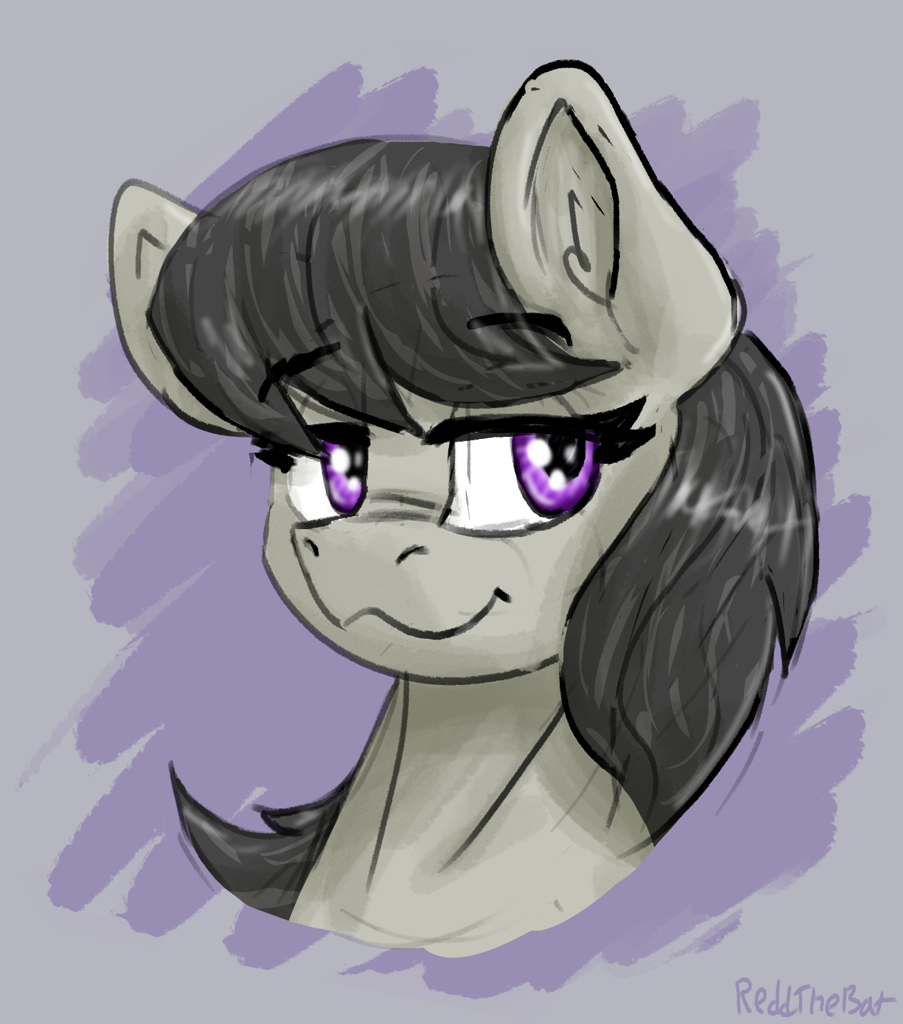 [:3,bust,earth pony,eyebrows,female,g4,mare,pony,safe,signature,simple background,solo,octavia melody,lidded eyes,smiling,gray background,eyebrows visible through hair,artist:reddthebat]