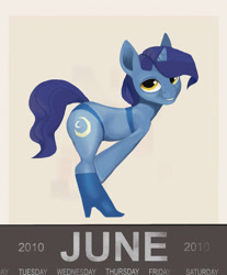 Size: 2143x2583 | Tagged: safe, anonymous artist, night light, pony, unicorn, g4, /mlp/ tf2 general, bipedal, boots, bra, bra on pony, calendar, clothes, crossdressing, crossover, high heel boots, high heels, high res, male, panties, pinup, shoes, solo, stallion, team fortress 2, underwear