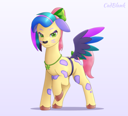 Size: 2498x2271 | Tagged: safe, artist:cadizium, allura, posey bloom, earth pony, pony, g5, my little pony: tell your tale, snow business like show business, spoiler:g5, spoiler:my little pony: tell your tale, spoiler:tyts01e70, bow, clothes, cosplay, costume, eyeshadow, fake wings, female, floppy ears, gradient background, hair bow, high res, jewelry, makeup, mare, necklace, ponytail, posey bloom is not amused, raised hoof, solo, tail, tail bow, unamused, wings