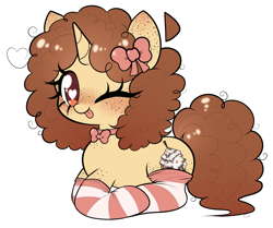 Size: 2140x1786 | Tagged: safe, artist:arwencuack, oc, oc only, pony, unicorn, bow, clothes, commission, cute, ear freckles, eye clipping through hair, freckles, heart, heart eyes, lying down, ocbetes, one eye closed, ponyloaf, prone, simple background, smiling, socks, solo, striped socks, tongue out, white background, wingding eyes