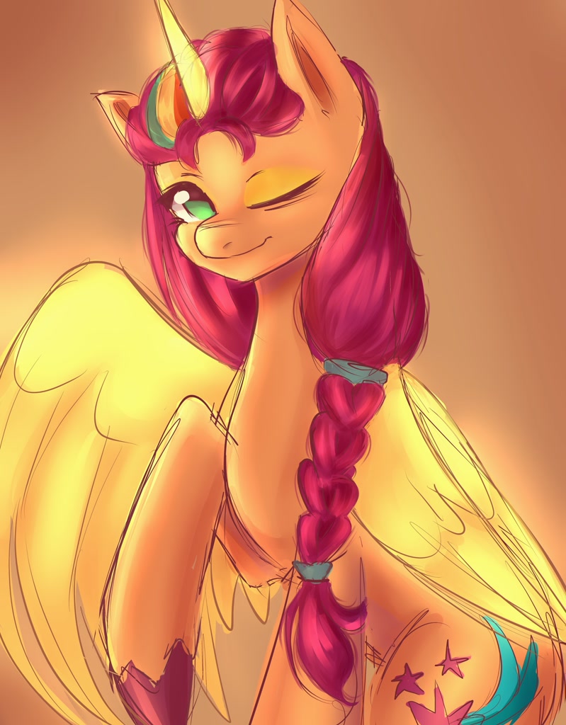[alicorn,artificial wings,augmented,braid,female,g5,looking at you,mare,pony,ponytail,race swap,raised hoof,safe,solo,wings,wink,artificial horn,alicornified,one eye closed,braided ponytail,smiling,winking at you,sunny starscout,my little pony: a new generation,sunnycorn,mane stripe sunny,artist:mar2yup]
