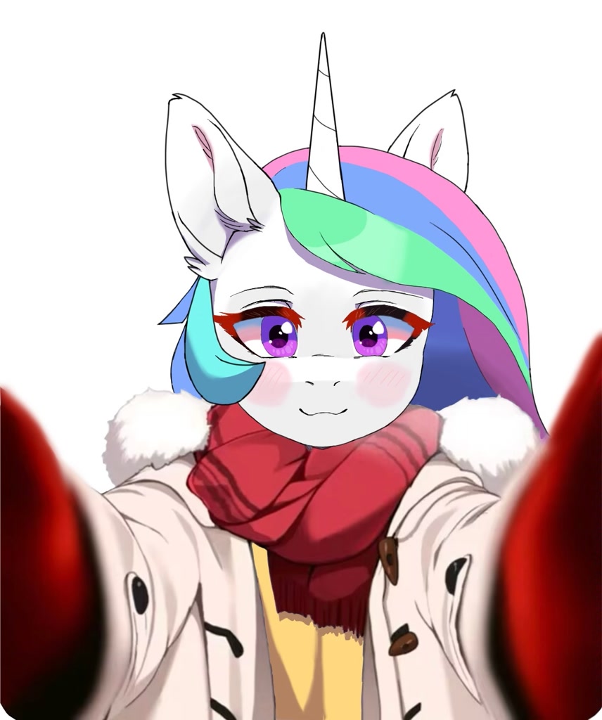 [alicorn,anthro,clothes,cute,cutelestia,g4,horn,looking at you,meme,pov,princess celestia,safe,scarf,simple background,solo,white background,winter outfit,smiling,offscreen character,smiling at you,artist:fallsunshadow]