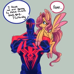 Size: 2048x2048 | Tagged: safe, artist:jestingheart, fluttershy, human, pegasus, pony, g4, crossover, dialogue, female, high res, human male, i think we're gonna have to kill this guy, male, mare, marvel, meme, miguel o'hara, simple background, spider-man, spider-man 2099, spider-man: across the spider-verse