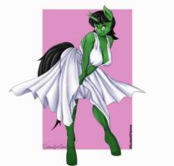 Size: 1058x1007 | Tagged: safe, artist:drakkonfyre draws, oc, oc only, oc:ambitious gossip, pony, unicorn, anthro, breasts, cleavage, clothes, dress, female, glasses, marilyn monroe, solo