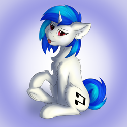 Size: 3000x3000 | Tagged: safe, artist:flapstune, dj pon-3, vinyl scratch, pony, unicorn, g4, chest fluff, ear fluff, female, fluffy, frog (hoof), gradient background, high res, horn, looking at you, mare, red eyes, sitting, smiling, solo, tongue out, underhoof