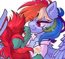 Size: 312x283 | Tagged: safe, artist:spectrasus, rainbow dash, oc, oc:tetrahedron, pegasus, pony, fanfic:rainbow factory, g4, bedroom eyes, canon x oc, clothes, commission, commissioner:tetrahedron dash, duo, duo male and female, evil, fanfic art, female, hug, lab coat, liquid rainbow, looking at each other, looking at someone, male, ponysona, rainbow factory dash, romantic, shipping, simple background, spectra, white background, wing hands, winghug, wings