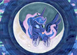 Size: 8291x6003 | Tagged: safe, artist:trancepony, princess luna, alicorn, pony, g4, bust, crescent moon, female, looking at you, mare, moon, one eye closed, smiling, smiling at you, solo, spread wings, tongue out, traditional art, wings, wink, winking at you