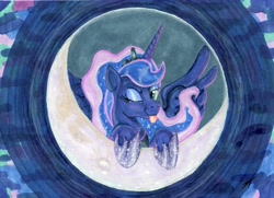 Size: 8291x6003 | Tagged: safe, artist:trance-wave, princess luna, alicorn, pony, g4, bust, crescent moon, female, looking at you, mare, moon, one eye closed, smiling, smiling at you, solo, spread wings, tongue out, traditional art, wings, wink, winking at you