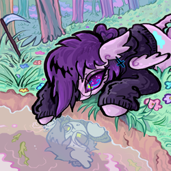 Size: 2000x2000 | Tagged: safe, artist:larvaecandy, oc, oc only, oc:vylet, fish, pegasus, pony, i was the loner of paradise valley, clothes, high res, lying down, pegasus oc, pond, prone, reflection, scythe, song art, vylet pony, water, wingding eyes