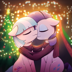 Size: 3285x3285 | Tagged: safe, artist:harukiicat, coco pommel, rarity, earth pony, pony, unicorn, g4, christmas, christmas lights, christmas tree, clothes, cuddling, duo, duo female, eyes closed, female, hearth's warming, high res, holiday, horn, lesbian, mare, scarf, shared clothing, shared scarf, ship:marshmallow coco, shipping, sitting, tree