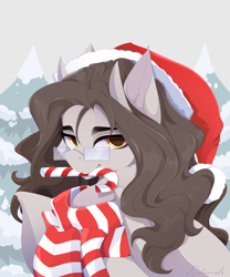 Size: 5000x6000 | Tagged: safe, artist:xsatanielx, oc, oc only, bat pony, pony, bat pony oc, candy, candy cane, christmas, clothes, food, glasses, hat, holiday, looking at you, male, mouth hold, santa hat, scarf, solo, striped scarf