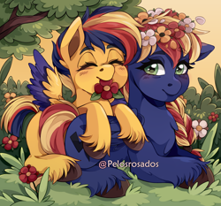 Size: 3000x2800 | Tagged: safe, artist:pelosrosados, oc, oc only, oc:jade spark, oc:split second, blushing, braid, eyes closed, eyes open, floral head wreath, flower, folded wings, grass, high res, hooves, tail, tree, wings, yellow background