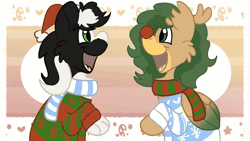 Size: 1920x1080 | Tagged: safe, artist:euspuche, oc, oc only, oc:seaweed blitz, oc:zenawa skunkpony, earth pony, hippogriff, hybrid, skunk, skunk pony, animated, antlers, beak, beak hold, bundled up, candy, candy cane, christmas, clothes, costume, dancing, duo, duo male, earth pony oc, eating, food, gay, gif, hat, hearth's warming, hippogriff oc, holiday, hybrid oc, looking at each other, looking at someone, male, matching outfits, mouth hold, oc x oc, open mouth, patterned background, rudolph, rudolph nose, rudolph the red nosed reindeer, santa hat, scarf, shipping, smiling, smiling at each other, striped scarf, sweater, wings, ych animation