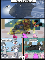 Size: 6000x8000 | Tagged: safe, artist:chedx, fluttershy, pinkie pie, cat, earth pony, pegasus, pony, rabbit, anthro, comic:learning with pibby glitch battles, g4, animal, anthro with ponies, batmobile, boxy boo, bugs bunny, comic, commission, community related, corrupted, crossover, error, glitch, looney tunes, multiverse, pibby, tom and jerry, tom cat