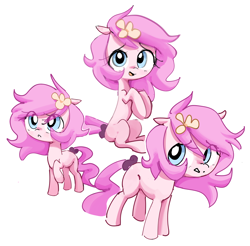 Size: 4384x4320 | Tagged: safe, artist:parfait, oc, oc only, oc:kayla, earth pony, pony, female, filly, flower, flower in hair, foal, looking at you, scrunchie, simple background, solo, white background