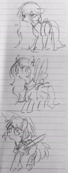 Size: 1404x3533 | Tagged: safe, artist:metaruscarlet, oc, oc only, oc:anime-chan, oc:ohasu, oc:stalker-chan, earth pony, ghost, ghost pony, pegasus, pony, undead, clothes, doodle, ear piercing, earring, earth pony oc, eyepatch, hairpin, japanese, jewelry, katana, kimono (clothing), lined paper, pegasus oc, piercing, sailor uniform, skirt, spread wings, sword, tattoo, traditional art, uniform, weapon, wings