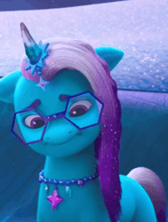 Size: 418x554 | Tagged: safe, screencap, comet (g5), auroricorn, pony, g5, my little pony: make your mark, my little pony: make your mark chapter 6, secrets of starlight, spoiler:g5, spoiler:my little pony: make your mark, spoiler:my little pony: make your mark chapter 6, spoiler:mymc06e04, animated, cropped, crystal horn, gif, horn, jewelry, male, necklace, oops, solo, sparkles, sparkly mane, sparkly tail, stallion, sudden realization, tail