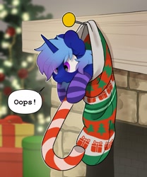 Size: 2243x2701 | Tagged: safe, artist:mochi_nation, oc, oc only, oc:polaris starshine, pony, unicorn, candy, candy cane, christmas, christmas lights, christmas stocking, christmas tree, clothes, commission, dialogue, female, food, high res, holiday, hoof hold, mare, oops, present, socks, solo, speech bubble, striped socks, tiny, tiny ponies, tree, ych result
